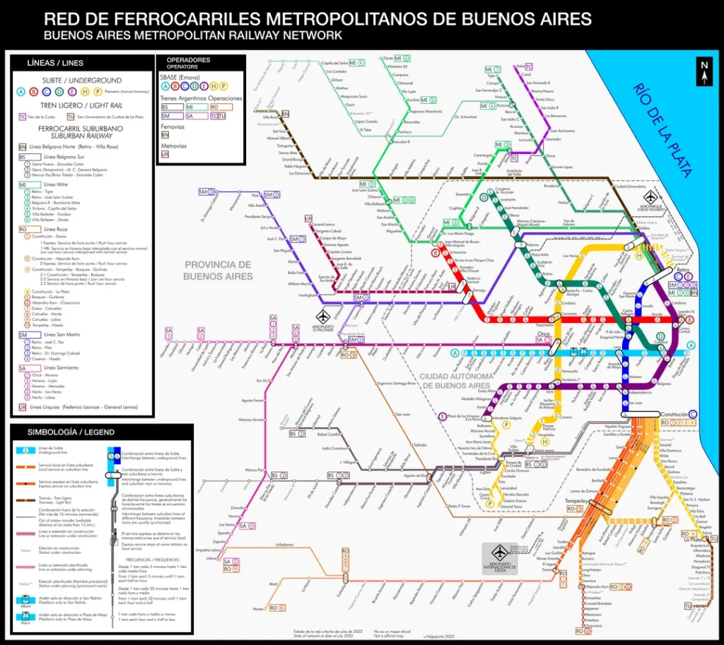 Mapa de la red de trenes metropolitanos de Buenos Aires con las 8 líneas